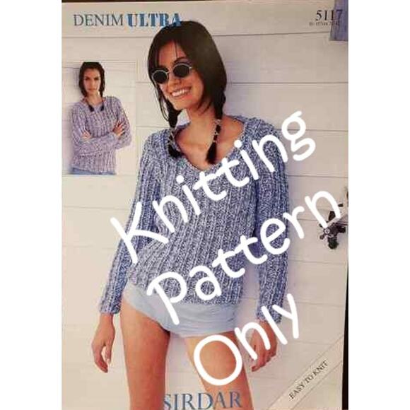New Sirdar 5117 Denim Ultra Womens V Neck Crewneck Sweater Knitting Pattern - Picture 5 of 5